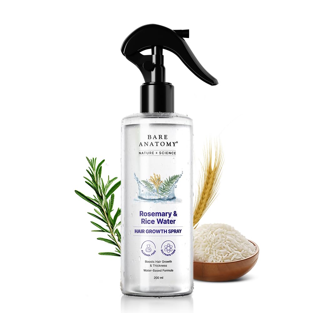 Bare Anatomy Nature x Science Rosemary Water Spray for Hair Growth & Hair Thickness with Rice Water |100% Natural Extract | Soft & Smooth Hair | Controls Hairfall & Adds Shine | Non-Greasy & Fast Absorbing | 200 ml