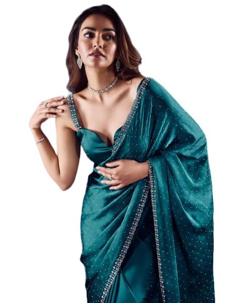 Yashika Women's Hot Fix Solid Color Satin Moss Saree With Unstitched Blouse Material