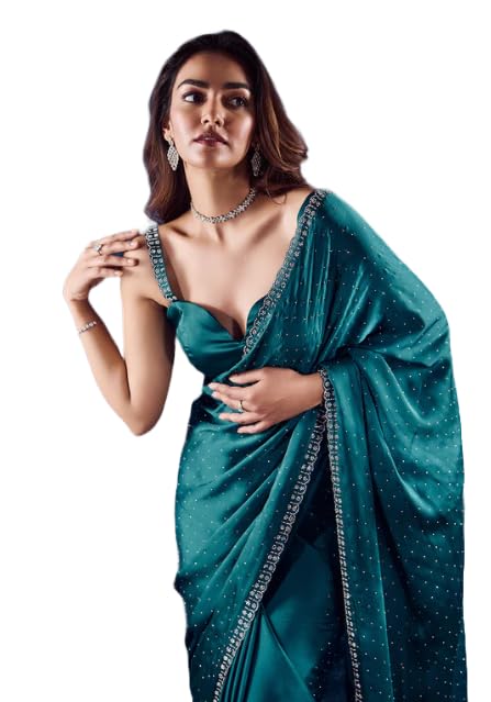 Yashika Women's Hot Fix Solid Color Satin Moss Saree With Unstitched Blouse Material