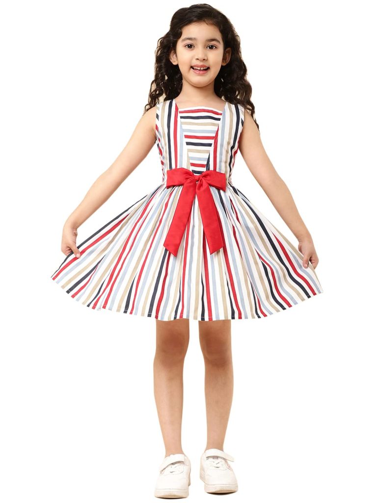 A.T.U.N. (ALL THINGS UBER NICE) Girls Striped Knee Length Fit and Flare Dress | Sleeveless Party and Special Occasion Dress for Kids
