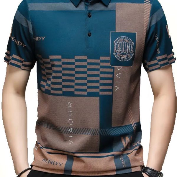 Men's Irregular Geometric Pattern and Alphabet Print Sports Collar Tshirt (Rizim Temu Print Polo-Blue)