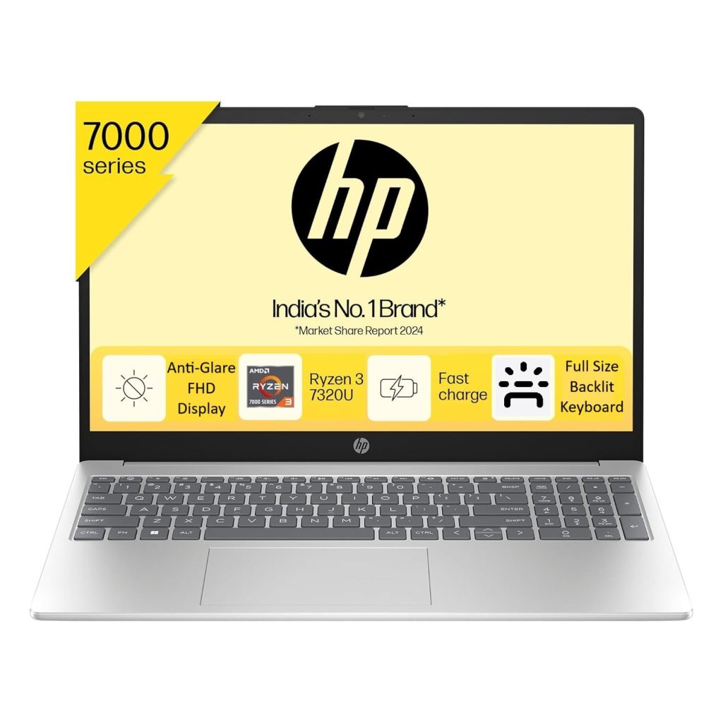 HP 15 AMD Ryzen 3 7320U (8GB LPDDDR5 Ram/512GB NVMe M.2 SSD/Anti Glare, Micro Edge/15.6" (39.6 Cm) FHD/Backlit Keyboard/Win11 Home+MS Office'21/ AMD Radeon Graphics, HD Camera/1.59Kg/Silver) Fc0026AU