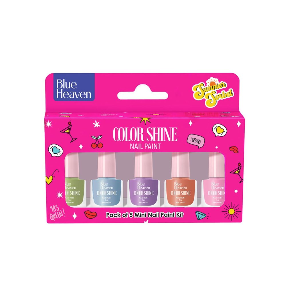 Blue Heaven Color Shine Nail Polish pack of 5, Glossy gel Finish Nail paint with Stunning colors for every Occasion - Summer Sorbet, 25ml
