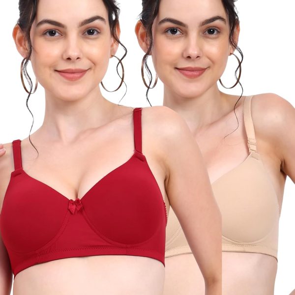 RACOS Women's Wire Free Seamless Full Coverage T-Shirt Bra | Push Up Lightly Padded Bra with Wide Straps in Black/Maroon/Skin Color for Everday Use