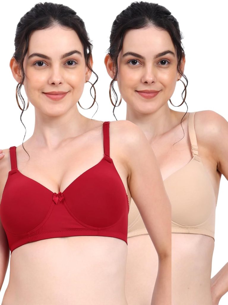 RACOS Women's Wire Free Seamless Full Coverage T-Shirt Bra | Push Up Lightly Padded Bra with Wide Straps in Black/Maroon/Skin Color for Everday Use