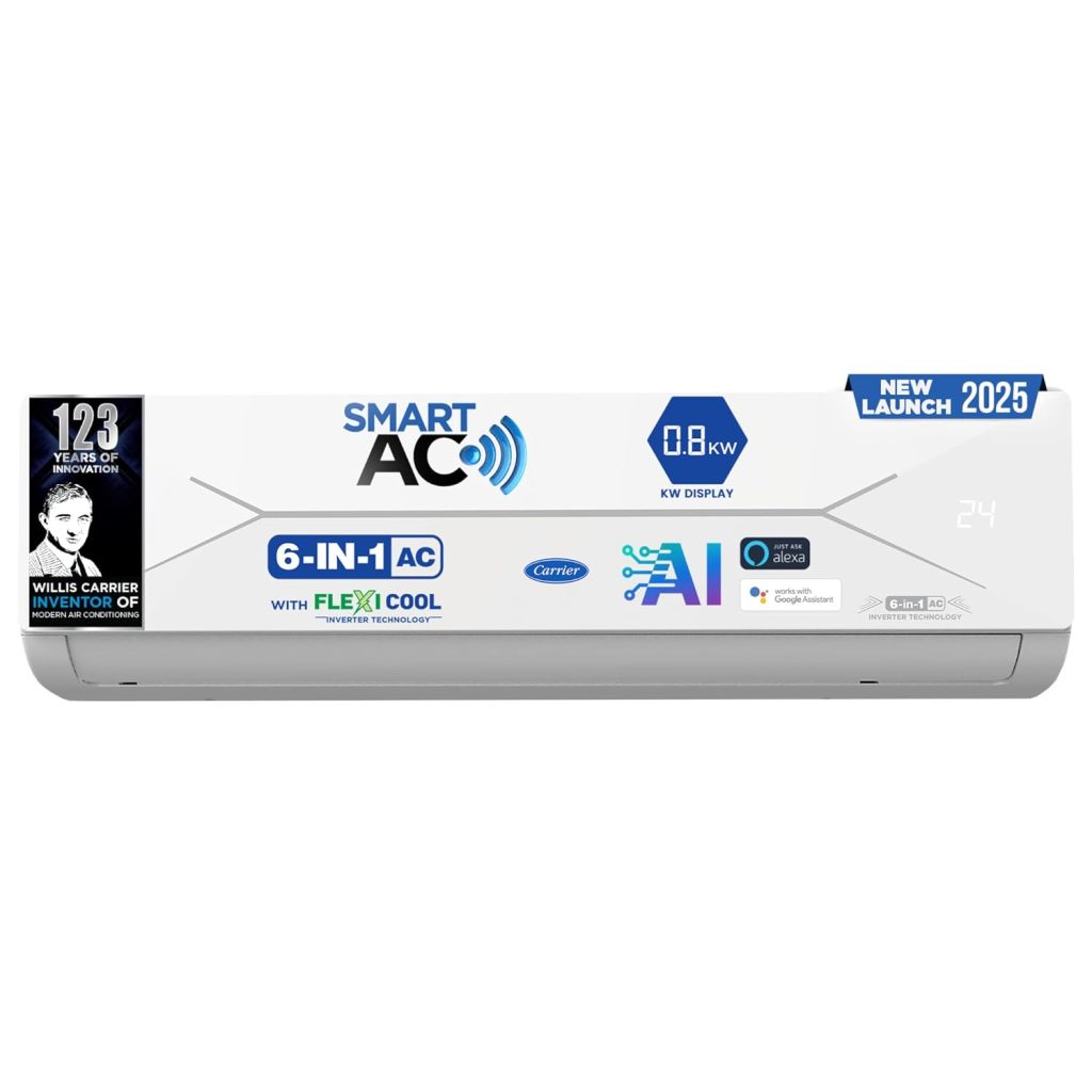 Carrier 1 Ton 5 Star Wi-Fi Smart Flexicool Inverter Split AC (Copper, Convertible 6-in-1 Cooling,Smart Energy Display,HD & PM 2.5 Filter, ESTER EDGE FXi (Wi-Fi), CAI12EE5R35W0,White)