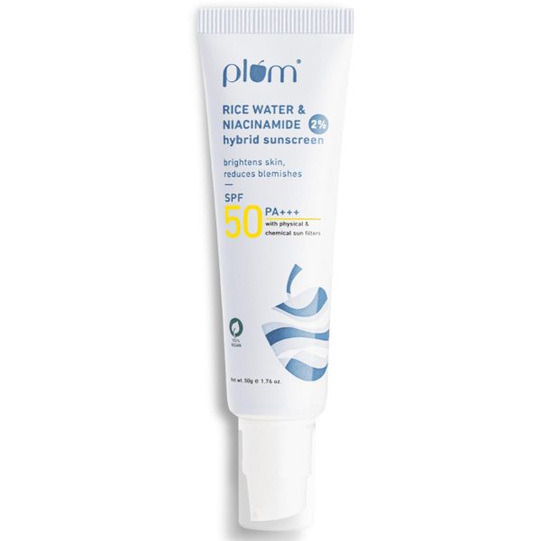 Plum 2% Niacinamide Sunscreen SPF 50 PA++++ With Rice Water | 4-hr Water Resistant | 3x Tan Reduction & Brightens | No White Cast, Lightweight, Non-Sticky | Dermatologically Tested | All Skin Types | Women & Men | 100% Vegan | 50g