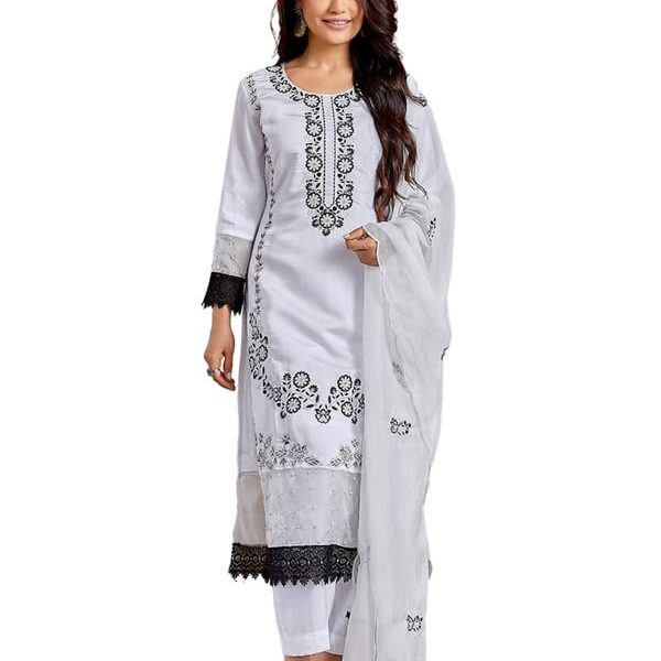 Royal Export Women's Chanderi Floral Embroidered Straight Kurta Pant with Dupatta, Kurta Sets for Women