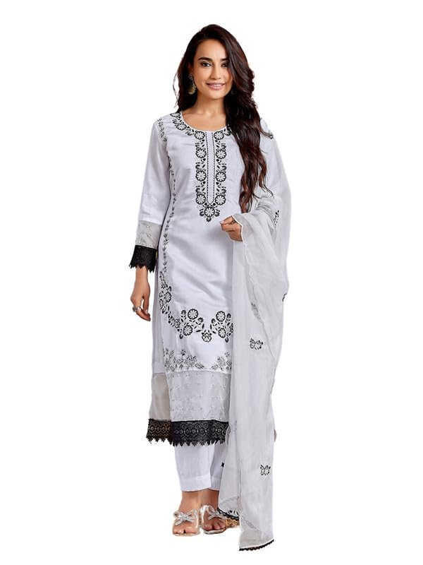 Royal Export Women's Chanderi Floral Embroidered Straight Kurta Pant with Dupatta, Kurta Sets for Women