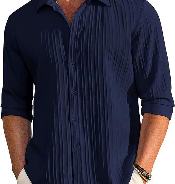CB-COLEBROOK Men's Casual Button Down Shirts Long Sleeve Linen Shirt Fashion Textured Beach Summer Shirts