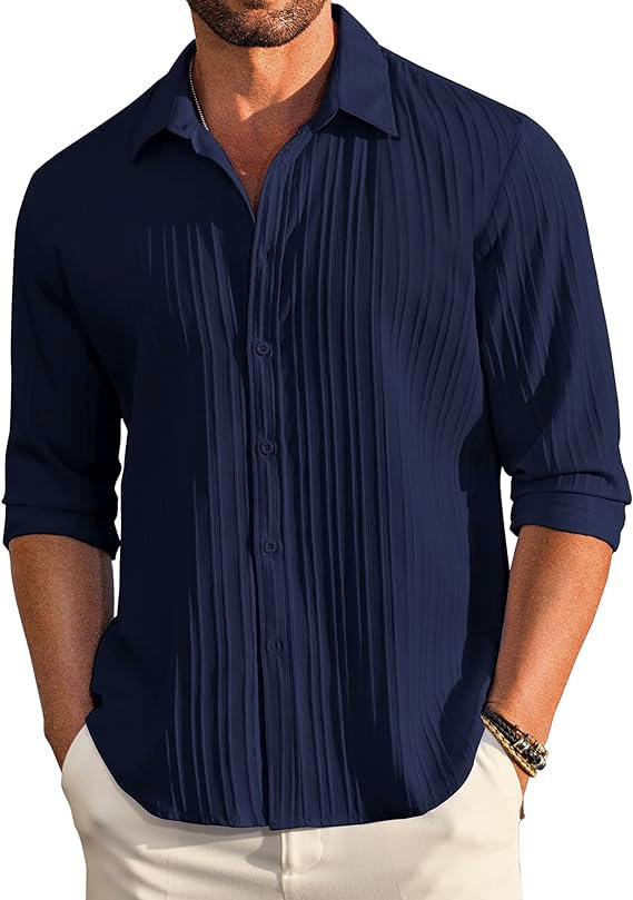CB-COLEBROOK Men's Casual Button Down Shirts Long Sleeve Linen Shirt Fashion Textured Beach Summer Shirts