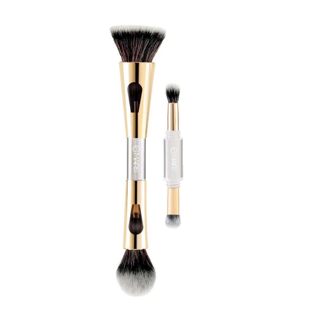 MARS 4 in 1 Travel Brush with Foundation, Powder, Eyeshadow Blending & Flat Brushes Set for Women