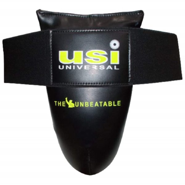 USI UNIVERSAL THE UNBEATABLE 629PU Groin Guard for Men Boxing MMA Training Thai Kickboxing Protection, Thick PU, Curved Plastic Cup, Mesh Lined, Elasticated Hook and Loop, Waist Closure (Size L/XL)