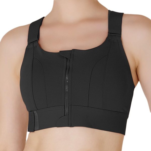 Luella High Impact Sports Bra, Front Zip, Adjustable Velcro Straps, Crisscross Back, Black