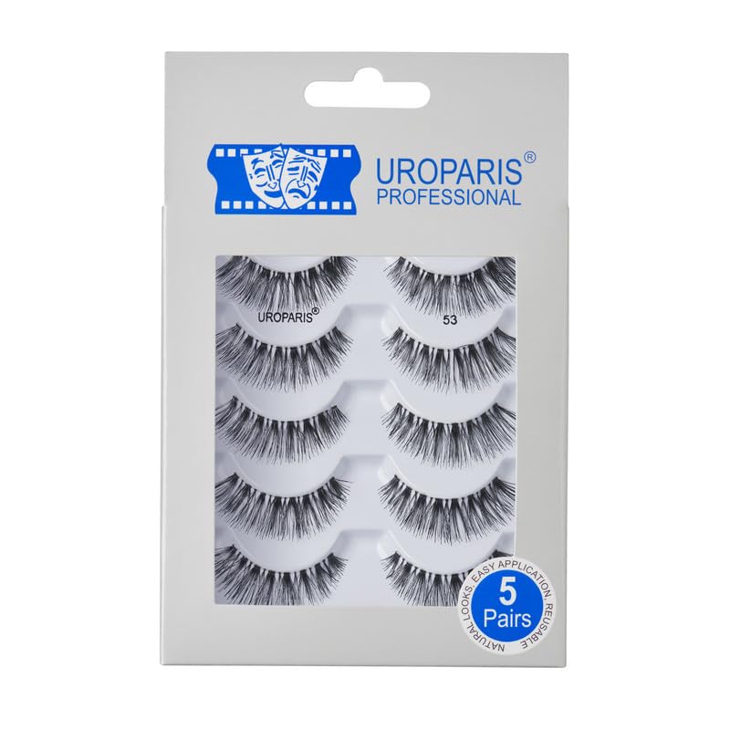 Uroparis 53 Eyelashes for Women — Pack of 5 Tapered Handmade Eye Lashes | Lightweight False Lashes with Premium Virgin Hair | Invisible Band | For Glam Look & Enhance Beauty (Black) - 5 Pair