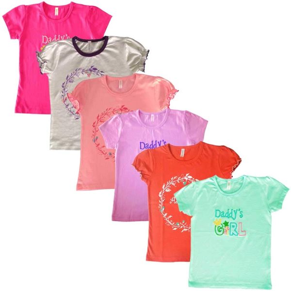Motus Girl's Cotton Printed Casual Puf-Half Sleeve Tshirt-Tops Combo (Pack of 6)