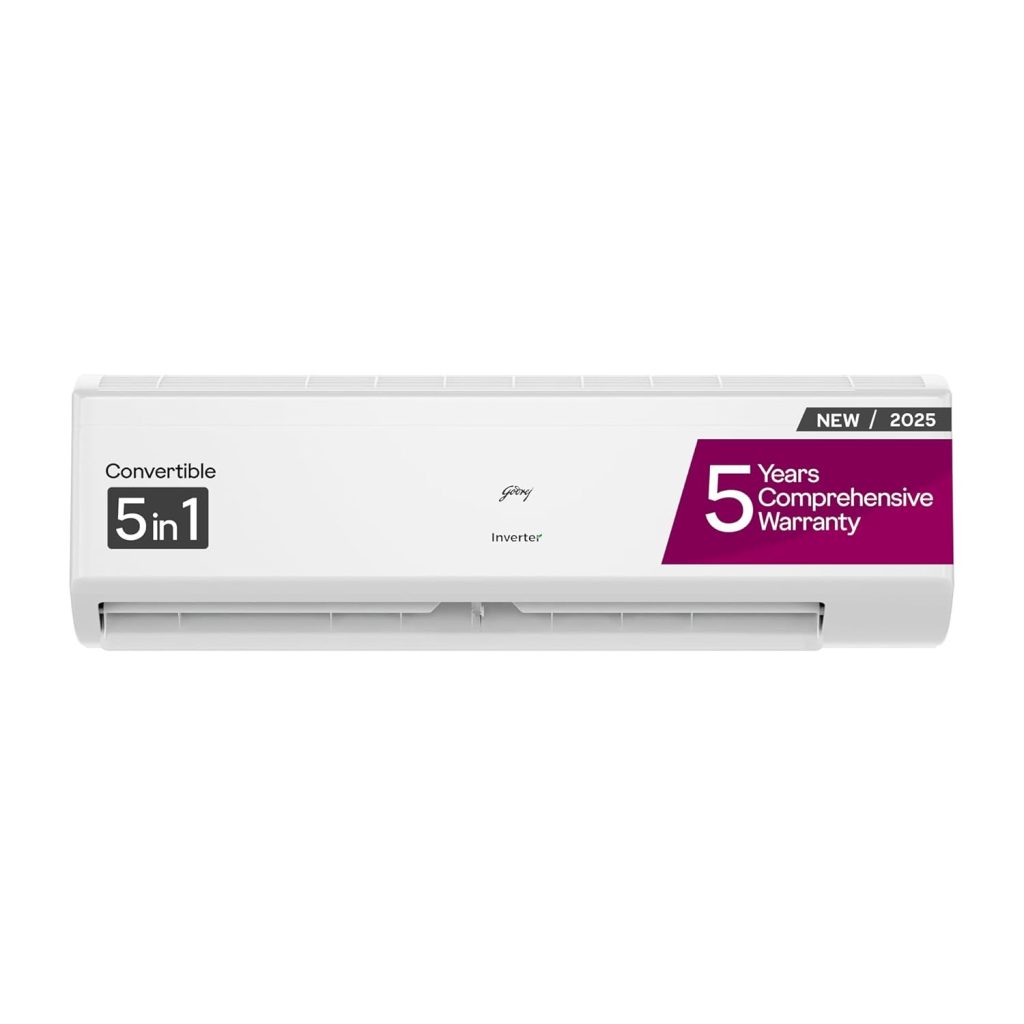 Godrej 1.5 Ton 5 Star, 5 Years Comprehensive Warranty, 5-In-1 Convertible Cooling, Inverter Split AC (Copper, 2025 Model, Heavy duty cooling at 52 °C, AC 1.5T EI 18II5T WZS Split 5S, White)