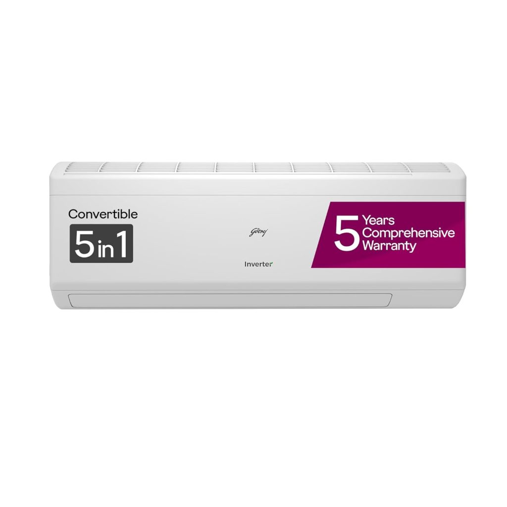 Godrej 1 Ton 5 Star, 5 Years Comprehensive Warranty, 5-in-1 Convertible Cooling, Inverter Split AC (Copper, Heavy-Duty Cooling at 52 Deg Celcius, AC 1T EI 12IINV5R32-WWR, White)