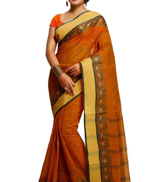 BENGAL HANDLOOM Women's Tangail Cotton Tant Saree Model 3 with Butta Work without Blouse Piece
