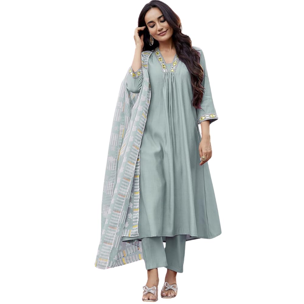 SHIENZY Women's Embroidered Work Chanderi Kurta & Pant With Dupatta || Straight Kurta Outfits || Ethnic Set (1656 Kurta Set)