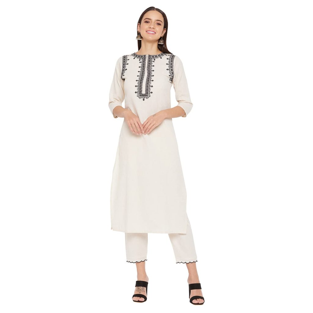 WineRed Women Off White cotton Embroidered Kurta and Pant Set