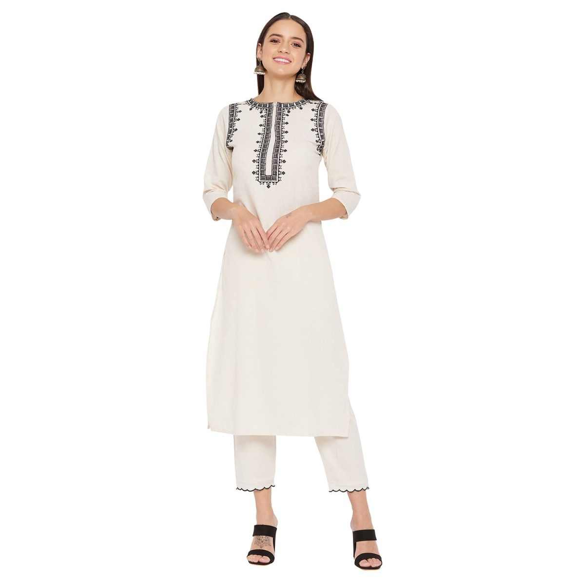 WineRed Women Off White cotton Embroidered Kurta and Pant Set
