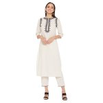 WineRed Women Off White cotton Embroidered Kurta and Pant Set