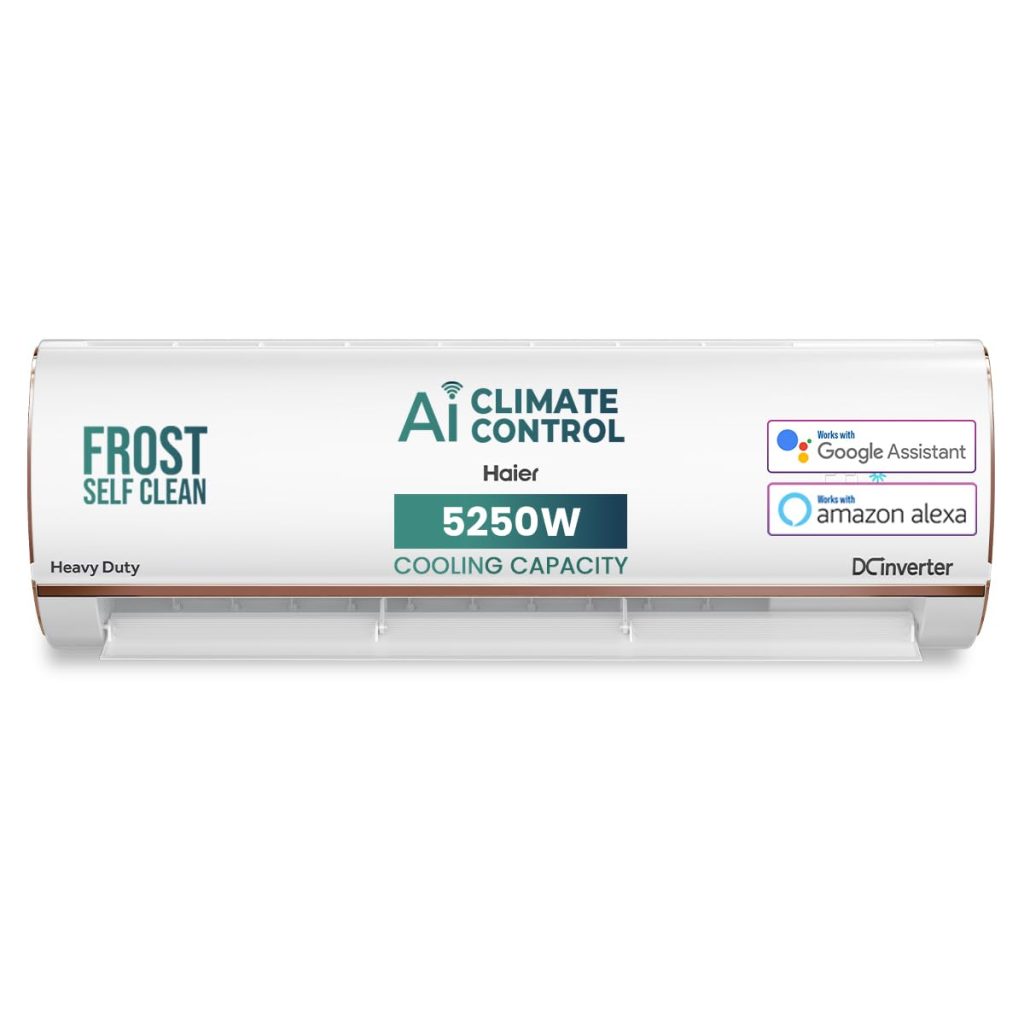 Haier 1.5 Ton 4 Star AI Climate Control Smart Split AC (5250 Watts, Copper, Wi-Fi, 4-Way Swing, Triple Inverter, 7 in 1, Frost Self Clean, HD Filter, Cools at 60°C - HSU18K-PYAIR4BN-INV, White)