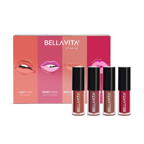 BELLAVITA Mini Kiss Proof Liquid Lipstick Gift Set of 4 x 2ml | Smudge & Transfer-Proof | Intense Moisturisation | Just Nude + Berry Nude + Mocha Madness + Cherry Pop | Lipstick Combo Set | Mother's Day Gift