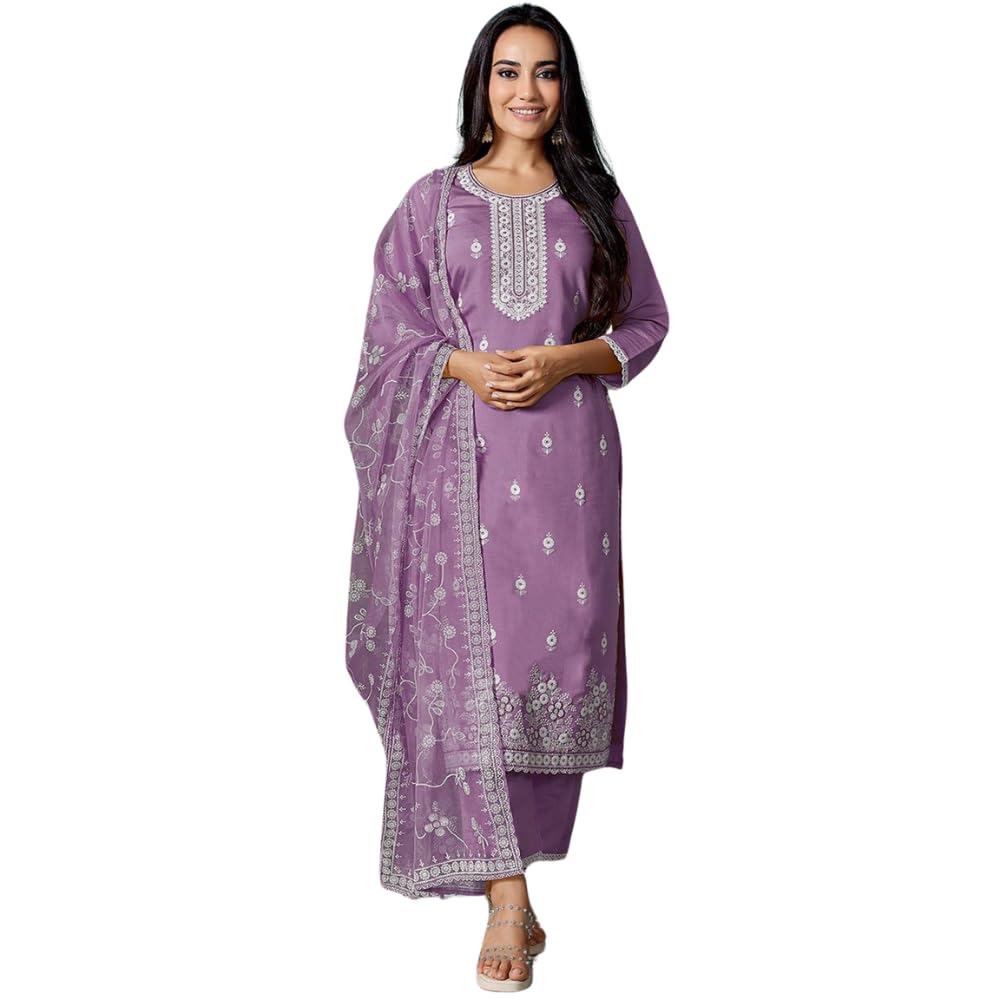 SHIENZY Women's Embroidered Work Chanderi Kurta & Pant With Dupatta || Straight Kurta Outfits || Ethnic Set (1655_Kurta Set)