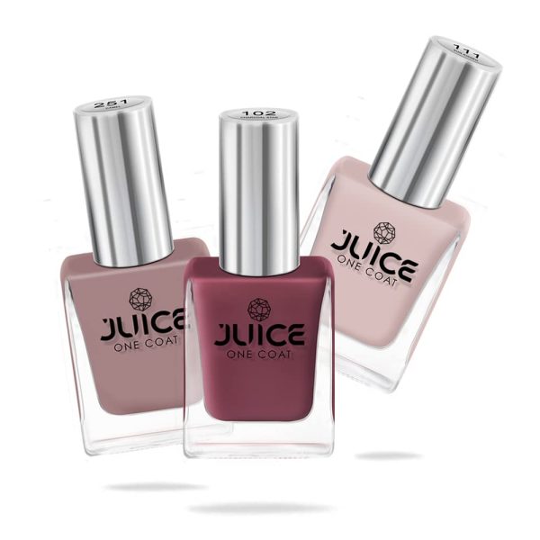 JUICE One Coat Nail Polish Combo No.27 Nude Collection, High Gloss, Chip Resistant, Quick Dry, Gel Effect, Shades : Sun Kissed/Dusty Coral/Camel GLOSS, 11ml each