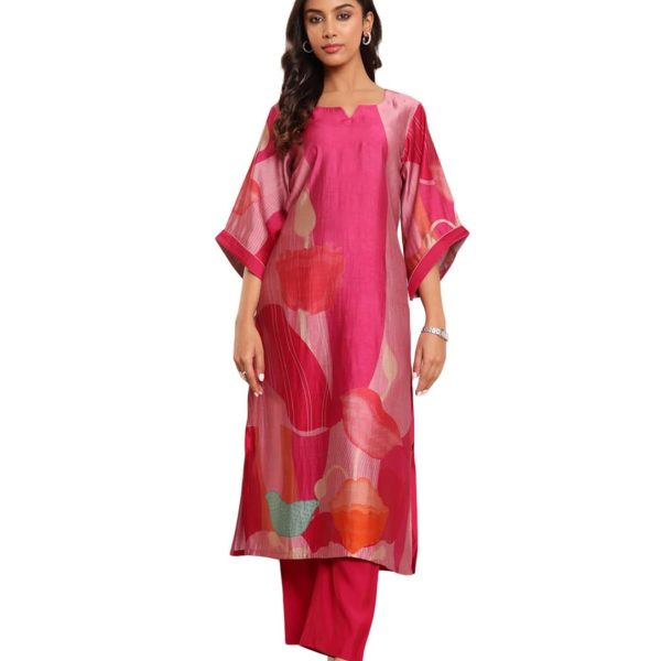 Varanga Women Fuchsia Pink Abstract Printed Straight Kurta with Trousers – Stylish Ethnic Set