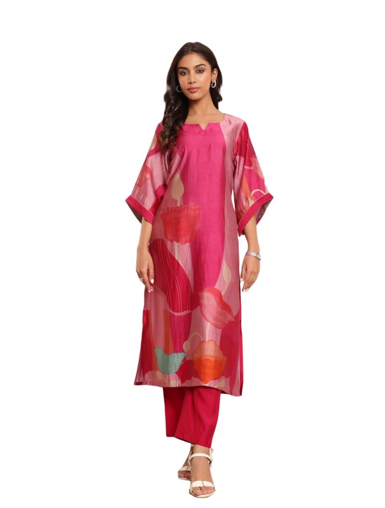 Varanga Women Fuchsia Pink Abstract Printed Straight Kurta with Trousers – Stylish Ethnic Set