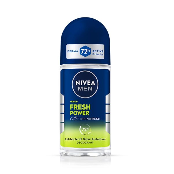 NIVEA MEN Fresh Power Roll-On Deodorant | 72 H Long Lasting Freshness | Fights bacteria and body odour | Fresh musk fragrance | 0% Alcohol | Dermatologically Approved & Paraben Free Formula | 50ml