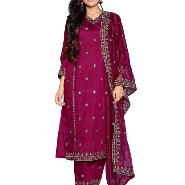 Royal Export Women's Viscose Silk Floral Embroidered Straight Kurta Palazzo with Dupatta (RX99)