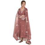 SHIENZY Women's Embroidered Chanderi Kurta Pant Set With Net Dupatta | V Neck, 3/4 Sleeve Ethnic Set | Outfit for Office & Festive Wear (1657 Kurta Set)
