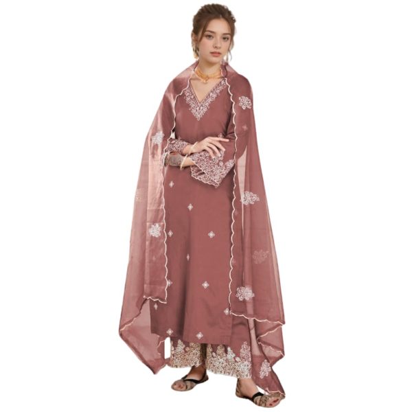 SHIENZY Women's Embroidered Chanderi Kurta Pant Set With Net Dupatta | V Neck, 3/4 Sleeve Ethnic Set | Outfit for Office & Festive Wear (1657 Kurta Set)