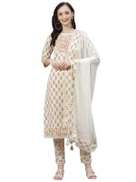 Divena Off white Cotton Straight Kurta Pant set with Dupatta