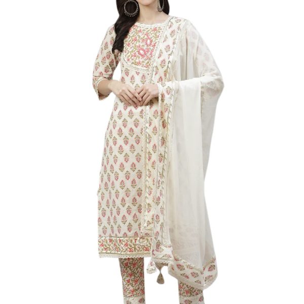 Divena Off white Cotton Straight Kurta Pant set with Dupatta