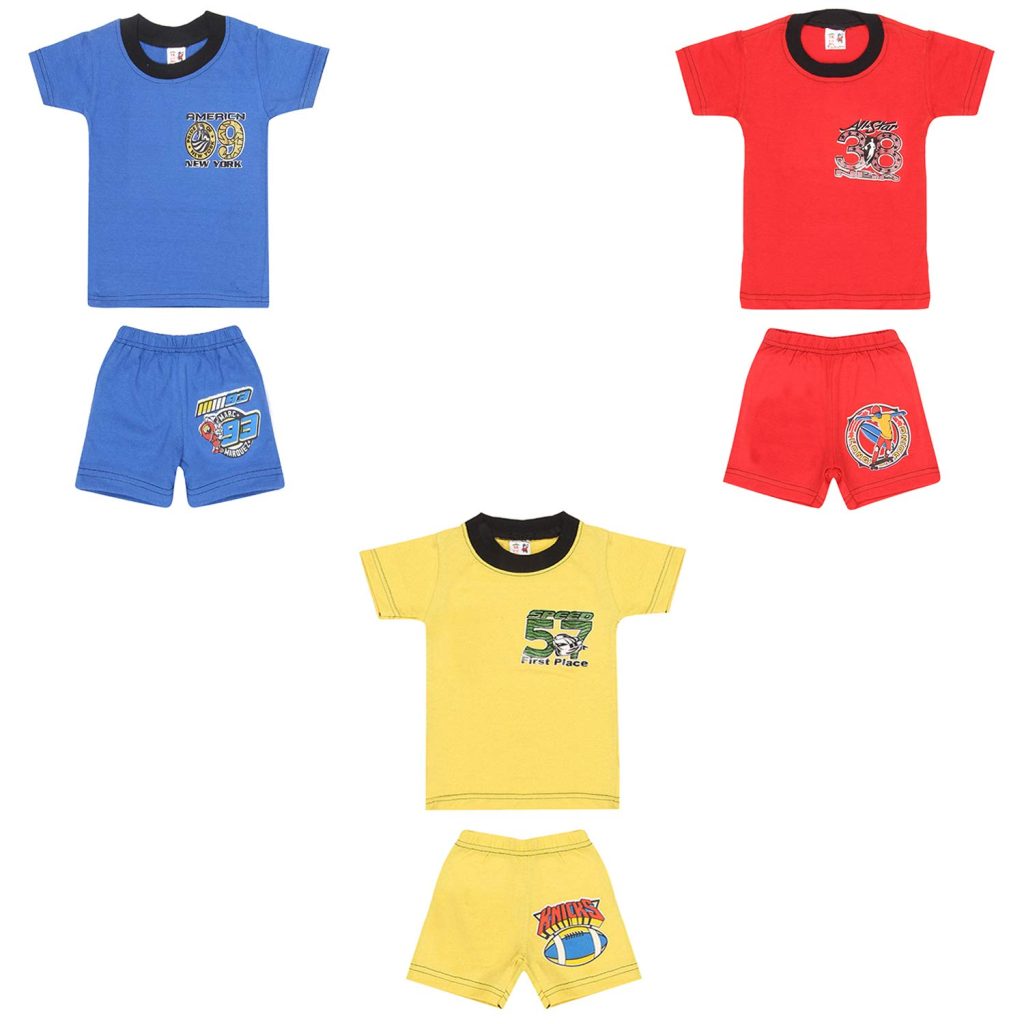 SR Kids Boys Cotton Half Sleeve Rib Neck Self Design Tshirts and Shorts Multi-Color Pack of 3
