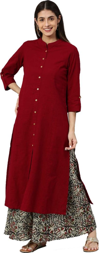 Yash Gallery Women'S Cotton Slub & Cambric Cotton Solid & Kalamkari Printed Straight Kurta Palazzo Set For Women