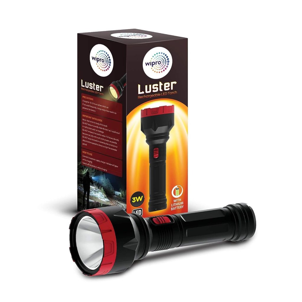 wipro Luster 3W Led Bright Rechargeable Torch |Emergency Torch Light |Li Ion Battery, Red and Black, ABS (Pack of 1,