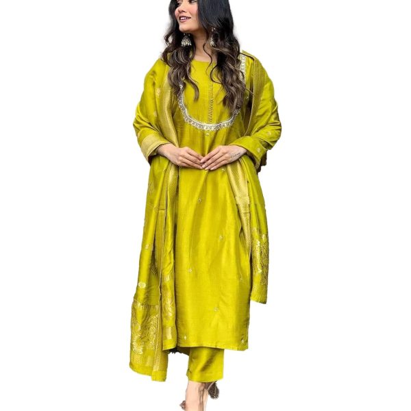 Yashika Women's Silk Blend Jacquard Kurta and Pant with Dupatta Set and Khatali Work Suitable For Every Indian Occasion