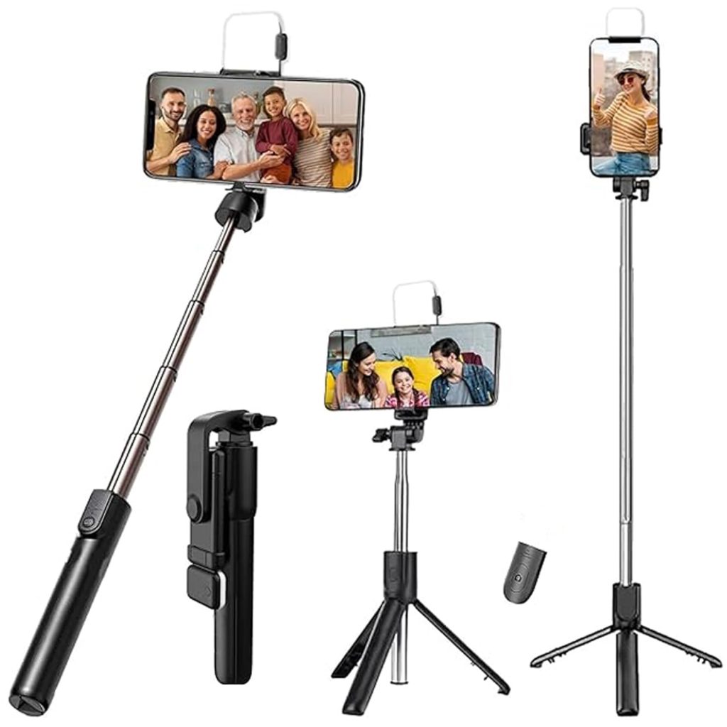 Kratos Selfie Stick Tripod Stand, 3 in 1 Multifunctional Design, Rechargable LED Light with Two Brighness Levels for Make up, Selfie & Photo Shoot, Selfie Stick with Bluetooth Remote (with Light)