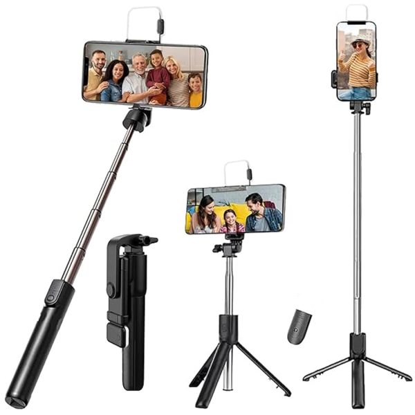 Kratos Selfie Stick Tripod Stand, 3 in 1 Multifunctional Design, Rechargable LED Light with Two Brighness Levels for Make up, Selfie & Photo Shoot, Selfie Stick with Bluetooth Remote (with Light)