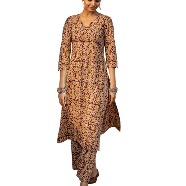 FIORRA Women's Maroon Floral Print Cotton Straight Kurta Set