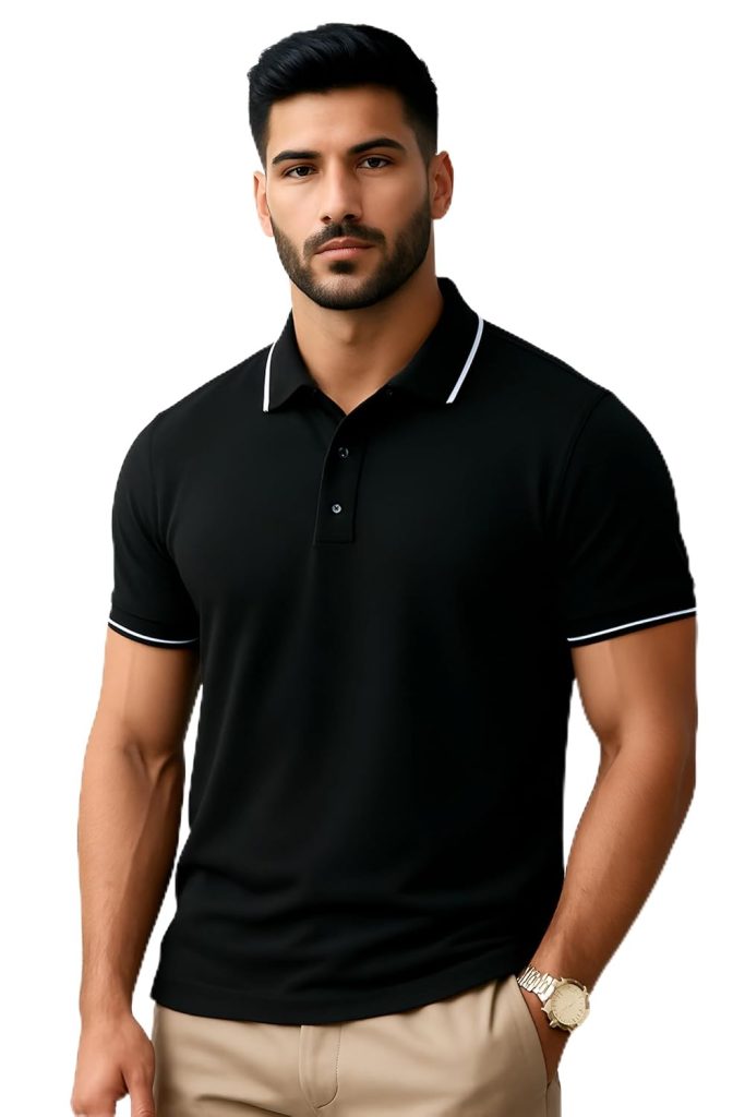 Raptor Brothers Jacquard Collar t Shirts for Man Half Sleeves Polo Collar T Shirt Plain Regular Fit Solid Black T Shirt White Tipped Polo Collar Tshirt for Men (S,M,L,XL,XXL)