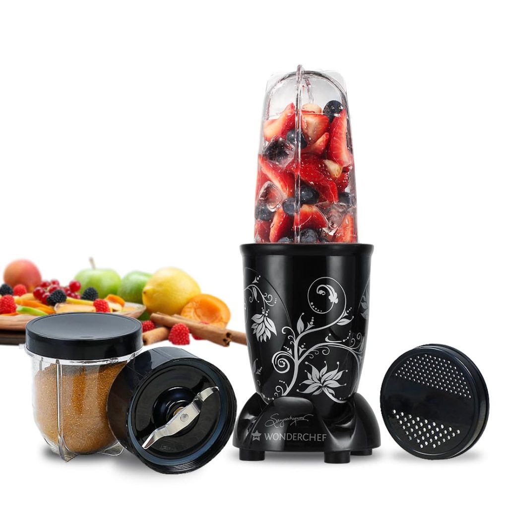 Wonderchef Nutri-blend 500W Juicer Mixer Grinder, 22000 RPM Copper Motor, Smoothie Maker, Masala Grinder, Chutney Blender, 2 Unbreakable Jars, Recipe Book by Chef Sanjeev Kapoor, 2 Yr Warranty, Black