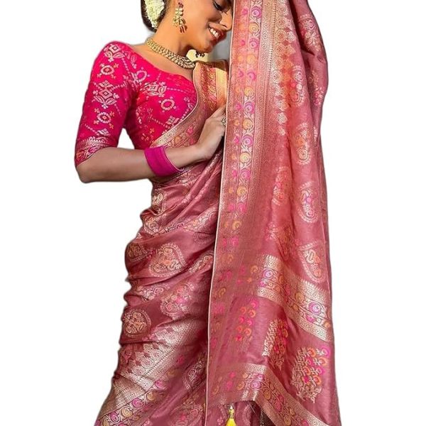 Sanu silk Kanjivaram Banarasi Silk Saree for Women And Girls, Traditional Indian Ethnic Wear with Rich Zari Work, Wedding And Festive Saree with Unstitched Heavy Blouse Piece