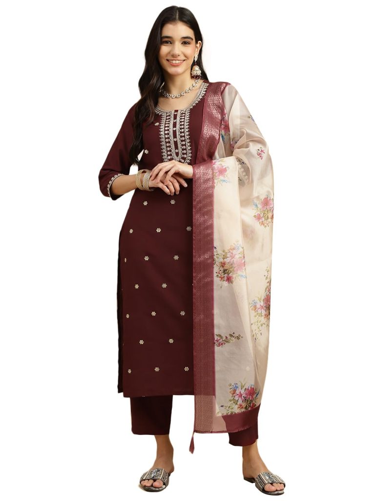 J TURRITOPSIS Women's Embroidered Chinon Kurta & Pant with Dupatta Ethnic Set